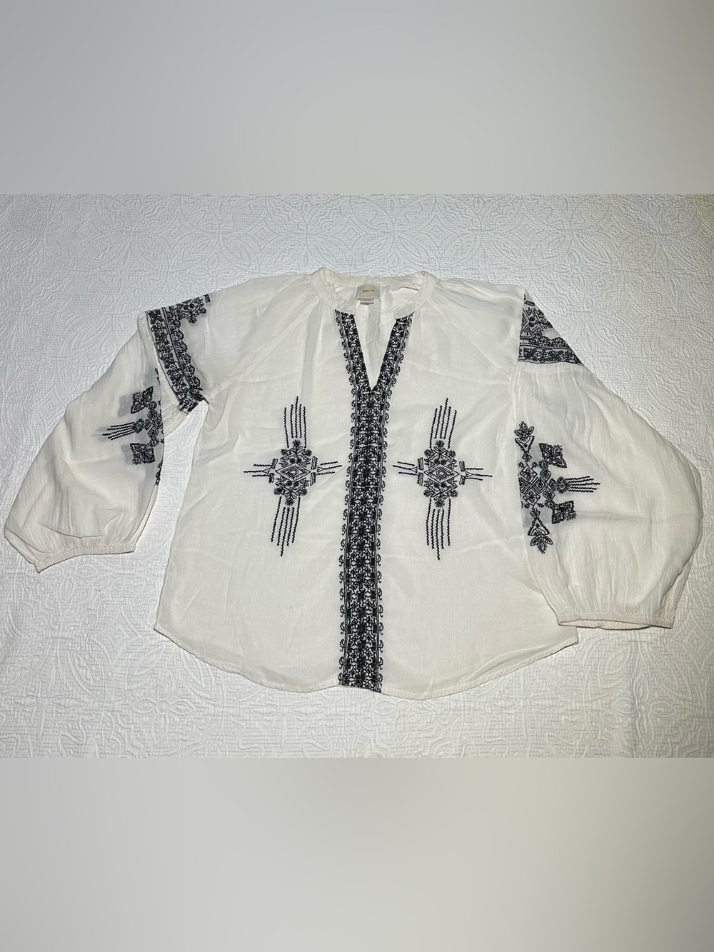Maeve White Peasant Blouse with Black Embroidery